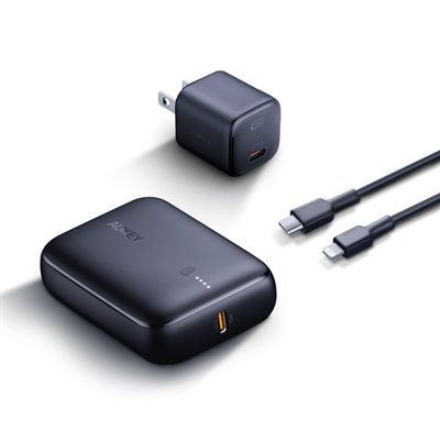 Aukey Bundle Deal Power Bank 10K mAh - PD Wall Charger 20W - USB-C to Lightning Cable 1.2M Black