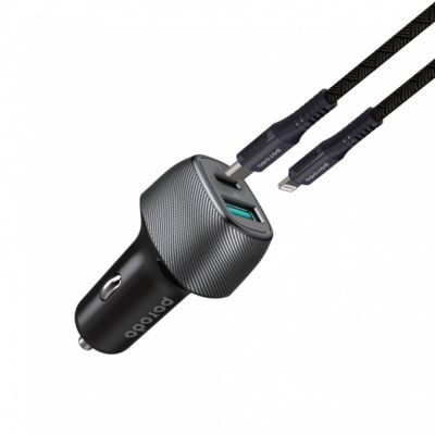 Porodo Dual Port Car Charger 3.4A With 0.9m/3ft Type-C Cable Black