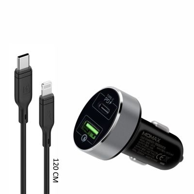Momax 2 IN 1 USB-C PD Car Fast Charger 20W with Lightning Cable Black