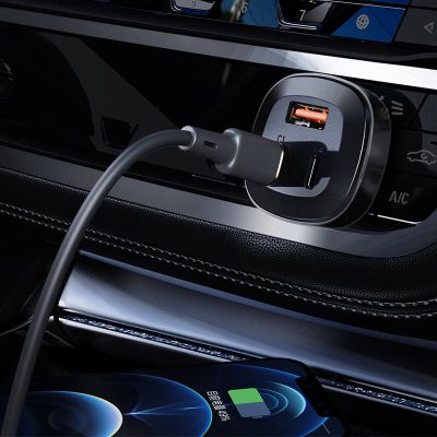 AceFast B6 Metal Car Charger 63W (USB-A+USB-C) With Digital Display Transparent Black