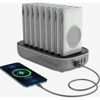 Powerology 8in1 Station 10000mAh 20W PD QC Wireless Power Bank Built-in Cables White