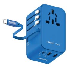Momax 1-World Plus 70W GaN 3-Ports Built-in USB-C Cable AC Travel Adaptor - Blue