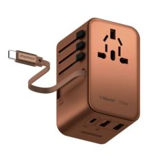 Momax 1-World Plus 70W GaN 3-Ports Built-in USB-C Cable AC Travel Adaptor - Desert Titanium