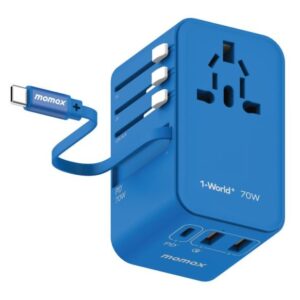 Momax 1-World Plus 70W GaN 3-Ports Built-in USB-C Cable AC Travel Adaptor - Blue