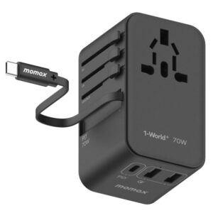 Momax 1-World Plus 70W GaN 3-Ports Built-in USB-C Cable AC Travel Adaptor - Black - Image 1