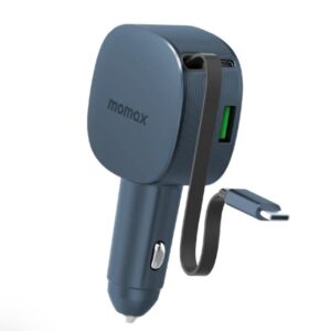 Momax 1-MOVE+ 60W 2-Port Car Charger with Built-in Retractable cable (Grey) - Image 1
