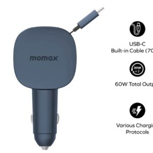 Momax 1-MOVE+ 60W 2-Port Car Charger with Built-in Retractable cable (Grey) - Image 3