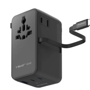 Momax 1-World²⁺ 4-Port Mini Universal Travel GaN Charger with Built-In Retractable Cable 100W with Dual AC (Black) - Image 2