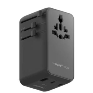 Momax 1-World²⁺ 4-Port Mini Universal Travel GaN Charger with Built-In Retractable Cable 100W with Dual AC (Black) - Image 1