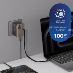 Momax 1-World²⁺ 4-Port Mini Universal Travel GaN Charger with Built-In Retractable Cable 100W with Dual AC (Titanium) - Image 8