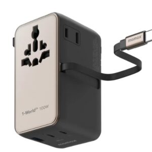 Momax 1-World²⁺ 4-Port Mini Universal Travel GaN Charger with Built-In Retractable Cable 100W with Dual AC (Titanium) - Image 3