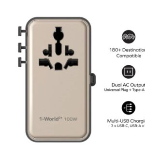 Momax 1-World²⁺ 4-Port Mini Universal Travel GaN Charger with Built-In Retractable Cable 100W with Dual AC (Titanium) - Image 2