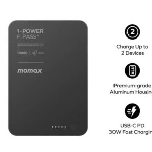 Momax 1-Power F.Pass⁺ 10000mAh Magnetic Battery Pack with Built-in Cable (Black) - Image 6
