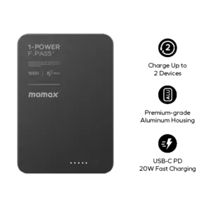 Momax 1-Power F.Pass+ 5000mAh Battery Pack with Built-in Cable and Magnetic attachment (Black) - Image 3